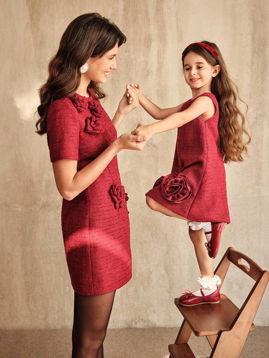 SHEIN 聖誕少女公主洋裝 親子款酒紅色聖誕老人新年派對穿搭 夏季7歲生日紅色香氛面料3D花朵A字裙 - 酒紅色 - 查看 1