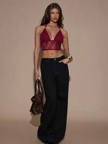 SHEIN BAE Women's Burgundy Lace Halter Backless Top,Autumn Fashionable Solid Color Elegant Crop Top For Christmas,New Year,Party,Club Night,Rave & Techno - Red - View 7