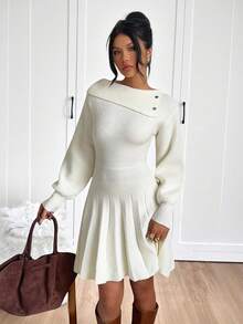 SHEIN EZwear Christmas New Autumn/Winter Clothes Women's Winter Sweater Dress Women's Solid Color Button Design Long Sleeve Pleated Hem Fashion Knit Dress