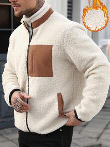 Manfinity Homme Men's Casual Patchwork Fabric Zip-Up Stand Collar Long Sleeve Jacket, Autumn/Winter - Multicolor - View 3