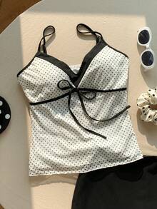 Comfortcana Women's Contrast Polka Dot Print Tie Strap Camisole Top - Black and White - View 3