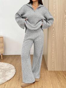 CovetEZ 女士纯色拉链半襟落肩长袖毛衣和针织裤休闲套装，秋冬 - 灰色 - 查看 5
