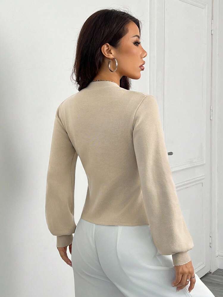 SHEIN PETITE Suéter de Tricô Marrom Claro Feminino, Versão Elegante Casual, Cintura Afunilada Emagrecedora, Adequado para Uso Diário no Outono/Inverno, Ação de Graças - Castanho - Visão 2