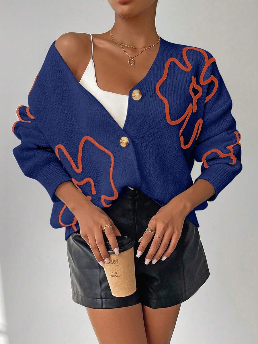 Chiquease Cardigan lejer cu nasturi, model floral, casual, pentru femei, toamnă/iarnă - Verde albastrui - Vizualizare 1