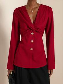 SHEIN Veneréa Women's Elegant Metal Buckle V-Neck Shoulder Ruched Chest Crossed Ruched Waist Commuting Shirt - Red - View 6