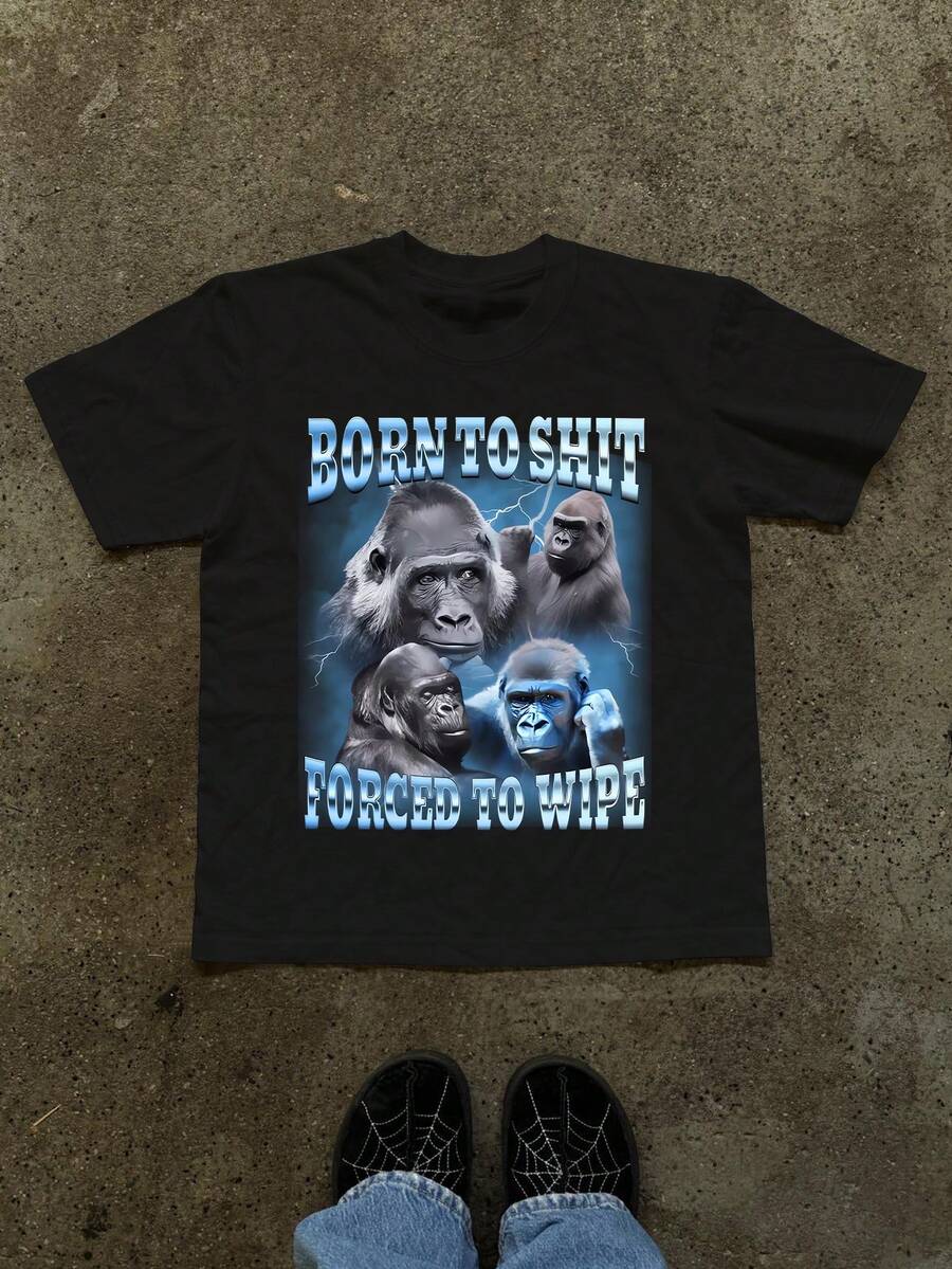 Glimmora Anime Born Stool Forced To Wipe Comic Gorilla Pattern T-Shirt Áo thun tay ngắn thời trang Áo thun thường ngày cho nữ - màu đen - Xem 1