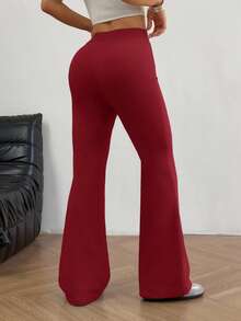 SHEIN EZwear 女式酒红色刺绣喇叭裤 - 酒紅色 - 查看 2