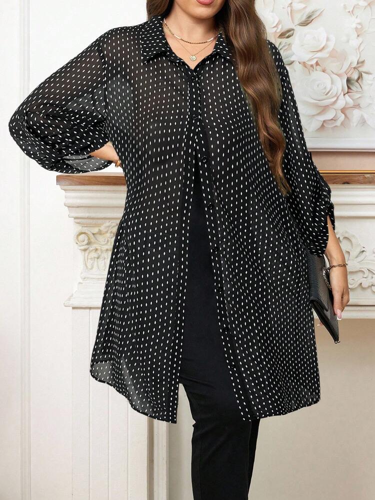 Reflora Plus Size Women's Casual Everyday Commute Full Print Roll Tab Sleeve Long Loose Shirt, Spring/Autumn - Black - View 2