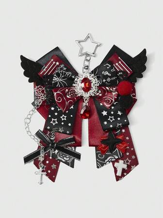 Anime 1 Stück rote, dunkle Y2K Punk Kreuz Kawaii süße 3D Flügel Stern Folien Muster Schleife Schlüsselanhänger & Schlüsselring, handgemachter Lolita Campus Kartenhalter Taschenanhänger