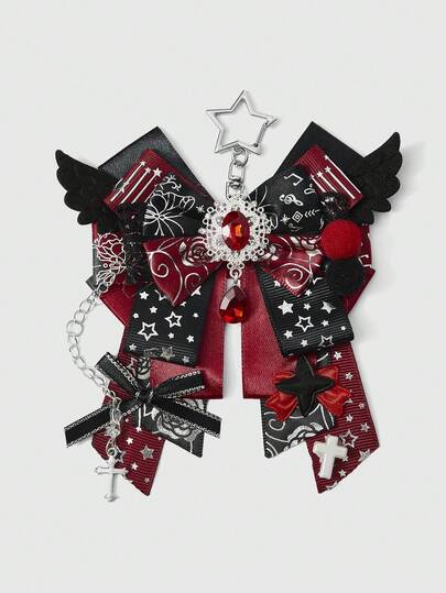 Anime 1 pieza Llavero y llavero con lazo de ala de estrella 3D con estampado de nota musical, encaje y parche de cruz punk Y2K rojo oscuro, estilo kawaii y dulce, hecho a mano para portacartas de campus Lolita