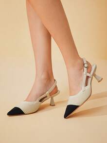 CUCCOO BASICS 女士花卉装饰尖头细高跟中跟鞋，优雅浪漫经典金色仿皮一脚蹬高跟鞋，适合约会和晚会 - 卡其色 - 查看 3