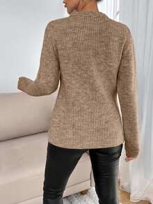 SHEIN Tall Tall Casual Contrast Color Cross Cord Placement Rib Knit Sweater With Slit - Beige - View 2