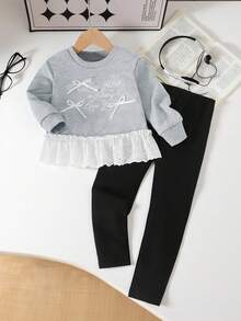 Ensemble de tenues pour filles avec Sweat-shirt ample à manches longues raglan col rond avec accent de nœud en dentelle florale brodée, associé à un legging skinny de couleur unie à taille élastique. Tenue décontractée pour tous les jours et toutes les saisons