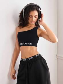 EasyFave 女士弹性无钢圈字母印花文胸 - 黑色 - 查看 1