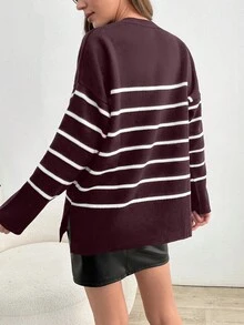 SHEIN Tall Striped Pattern Drop Shoulder Oversize Split Hem Sweater, Tall Women - Dusty Pink - View 2
