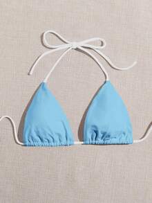 SHEIN Swim 2025 春夏女士沙滩/派对泳装比基尼上衣，浅粉色和荧光粉色拼色 - 藍白色 - 查看 5