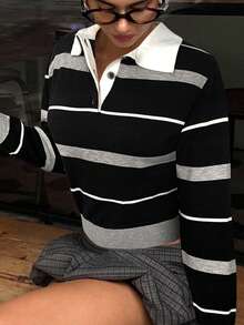 Aloruh Áo len dài tay cổ polo kẻ sọc phong cách đại học dành cho nữ, màu đen và xám, mùa thu/đông - màu đen - Xem 8