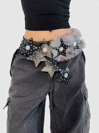 Goth Ceinture décorative noire style rétro années 2000 Baddie, avec rivets pentagrammes et patchwork, style patchwork, à la mode, minimaliste et sauvage, idéale pour les fêtes, les rendez-vous, les voyages, Halloween, Noël, etc.