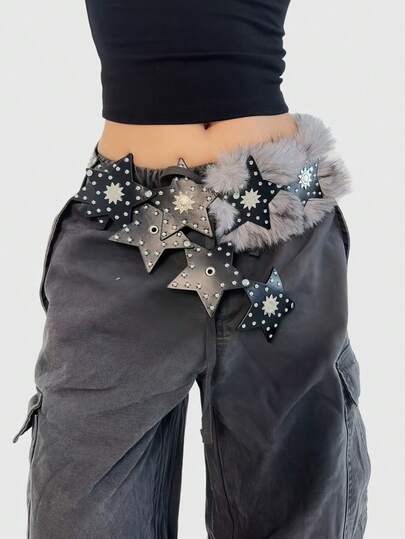 Goth 1pc Black Y2K Baddie Retro Pentagram Rivet & Patchwork Fuzzy Design Decorative Waist Belt, Fashion Versatile Minimalist Wild Style Waist Belt For Women, Suitable For Party, Date, Travel, Halloween, Christmas And More