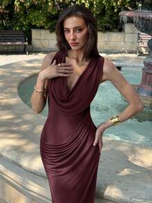 Aloruh New Fashionable Elastic Fitted Waist Plunging Neck Maxi Mesh Party Dress, Sexy & Slimming,Wedding Guest Dress Women,Red Dress,Christmas,New Year Dress