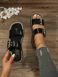 Sandalias mujer suela gruesa cómoda recubierto hebilla grande estilo casual banda ancha moda primavera verano vacaciones - Negro - Ver 1
