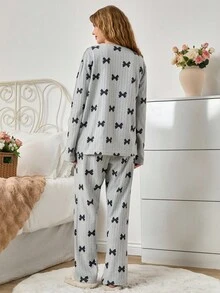 SHEIN Cotton Bow Print Long Sleeve Pajama Set – Soft Breathable Summer Sleepwear - Grey - View 2
