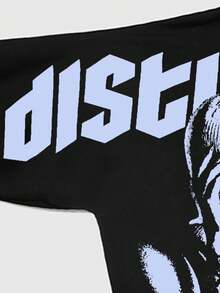 ROMWE MEN Street Life 男士休闲字母和肖像图案连帽衫，适合春夏季日常穿着 - 黑色 - 查看 4