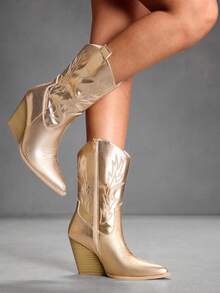 CUCCOO SZL 女士时尚金属刺绣西部靴，适合度假、音乐节和各种场合 - 香檳色 - 查看 2