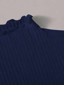 SHEIN EZwear Navy Blue Ribbed Knit Stand Collar Long Sleeve Fitted Casual T-Shirt, Plus Size/Fall/Winter