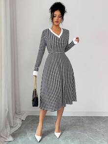 Rafferiza 新款时尚法式复古黑白格子针织弹力舒适V领长袖收腰女式连衣裙，秋冬 - 黑色 - 查看 6