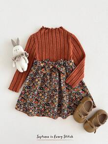 Cozy Pixies Baby Girl Leopard Print High Collar Contrast Color Patchwork Brushed Ribbed Long Sleeve Ruffle Hem Waist Cinched Dress, Suitable For Winter