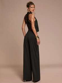 SHEIN BAE 女式纯色蕾丝拼布无袖连体裤 - 黑色 - 查看 2