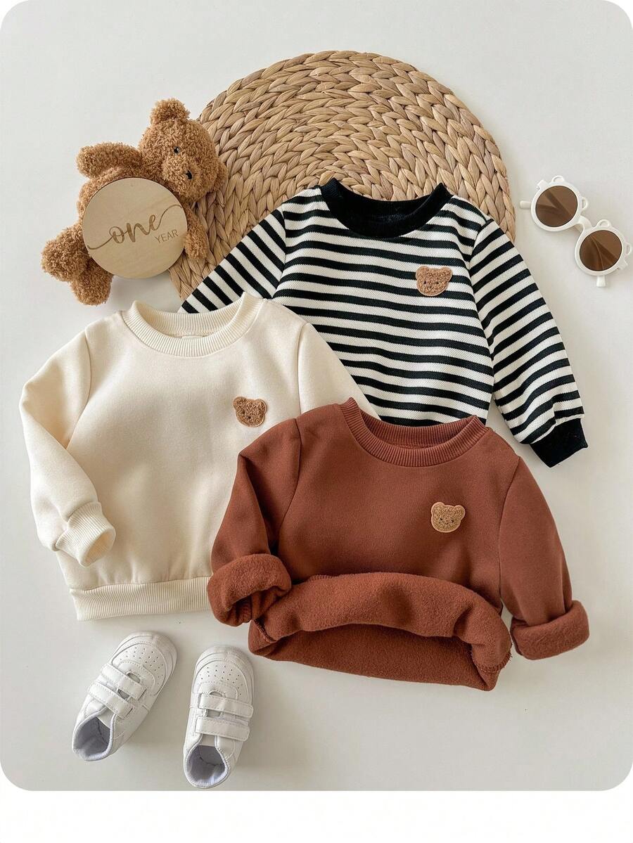 SHEIN 3pcs/Set Young Boys Casual Cute Casual Unisex Letter Printed Everyday Cozy Warm Unisex All-Match Solid Color Loose Fitted Crew Neck Sweatshirts Cute Cartoon Print Black & White Striped Khaki Plain Long Sleeve Sweatshirt Set Suitable For Outings, Street Wear, Parties, Home, Back To School, Birthday, Baby Shower, Holiday Parties, Autumn Winter Boys Clothes Set Kids Clothes Boys Sweatshirt Toddler Boy Clothes Fall - Multicolor - View 1