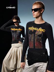 NEON BLANC Men's Street Fashion Knitted Crew Neck Letter Graphic Long Sleeve T-Shirt, Fall, Couple Things