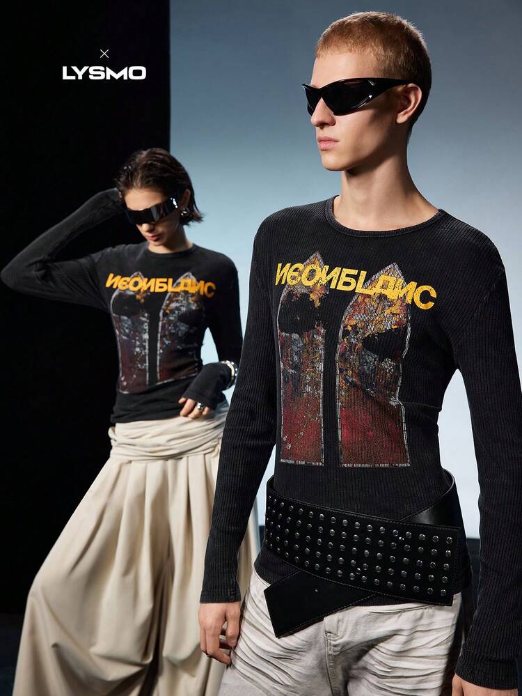 Men's Street Fashion Knitted Crew Neck Letter Graphic Long Sleeve T-Shirt, Fall, Couple Things