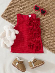 SHEIN Infant Girls' Princess Style Round Neck Sleeveless Dress With Front Bow & Invisible Back Zipper, Autumn/Winter - Red - View 6