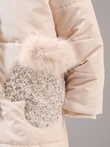 SHEIN 1pc Girls' Pink Hooded Padded Coat With Pockets And Sequin Design, Mid-Length, Suitable For Autumn/Winter - Apricot - View 4