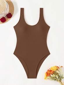 Swim Chiccia 1pc Women's Solid Color One Piece Swimsuit For Beach/Resort For Summer Beach Vacation - Coffee Brown - View 2