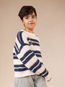 SUMWON 舒适条纹圆领长袖针织毛衣，适合秋冬休闲校园穿着