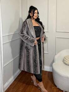 SHEIN SXY Women's Fashion Faux Fur Collar Slant Pocket Super Long Jacket, Winter - Grey - View 7