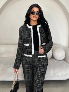 SHEIN SXY Áo khoác kẻ caro đen trắng cổ điển thanh lịch tối giản dành cho nữ, đa năng cho trang phục thường ngày, đi làm, tiệc tùng, những dịp trang trọng, áo khoác ngoài dáng lửng cho mùa thu/đông - màu đen - Xem 3