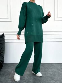 EURMUSE Women's Stand Collar Beaded Drop Shoulder Long Sleeve Sweater And Sweater Pants Two Piece Set - Dark Green - View 4