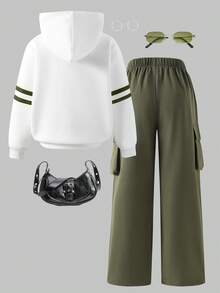 Sparklyn 2pcs/Set Tween Girls Letter Print Hoodie Sweatshirt + Green Cargo Pants Casual Street Style Outfit, Autumn/Winter - Army Green - View 2