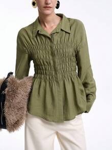 Aalyst Áo kiểu Pháp thanh lịch sang trọng thường ngày đi làm đi chơi văn phòng phong cách cổ điển màu trơn vải lanh xương cá cổ áo sơ mi có dây rút eo dáng chữ A tay dài, phù hợp cho mùa xuân, mùa thu và mùa đông - xanh quân đội - Xem 6