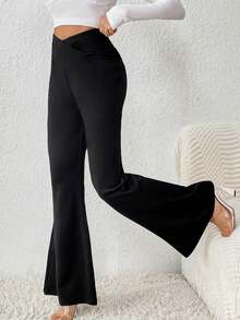 SHEIN LUNE 2025 新款女士休闲通勤度假不对称腰部修身纯色喇叭裤