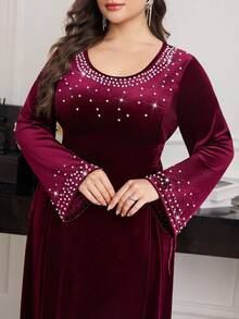 Modelyn 优雅纯色珍珠水钻装饰圆领长袖腰部 A 字形长裙，加大码，春秋季 - 酒紅色 - 查看 7