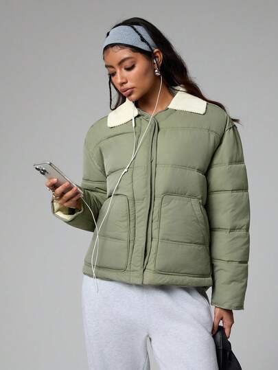 SHEIN Dewbera Women's Thick Loose Fit Green Collar Sports Padded Coat Puffer Jacket Women Puffer Jacket Cropped Puffer Jacket Women Jacket Puffer Coat Green Jacket
