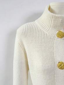 Franclia Women's Cream White Autumn Elegant Everyday Knitted A-Line Dress,Stand Collar Long Sleeve Single-Breasted Sweater Dress With Metal Buckle Belt Slim - Apricot - View 6