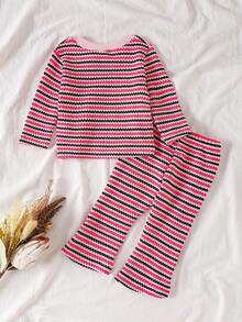 SHEIN Vintaside Kids 2pcs Baby Girl Spring/Autumn Black & White Striped Knit Top + Casual Pants Set