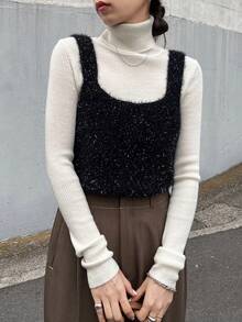 FRIFUL 女士无袖蓬松休闲针织毛衣背心亮片